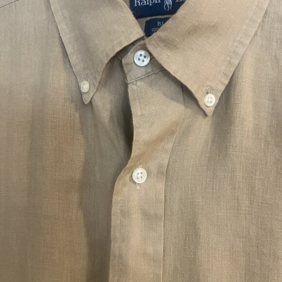 Ralph Lauren L Large Linen Blake Button Down Shirt Men Khaki Short Sleeve Logo - Picture 3 of 9